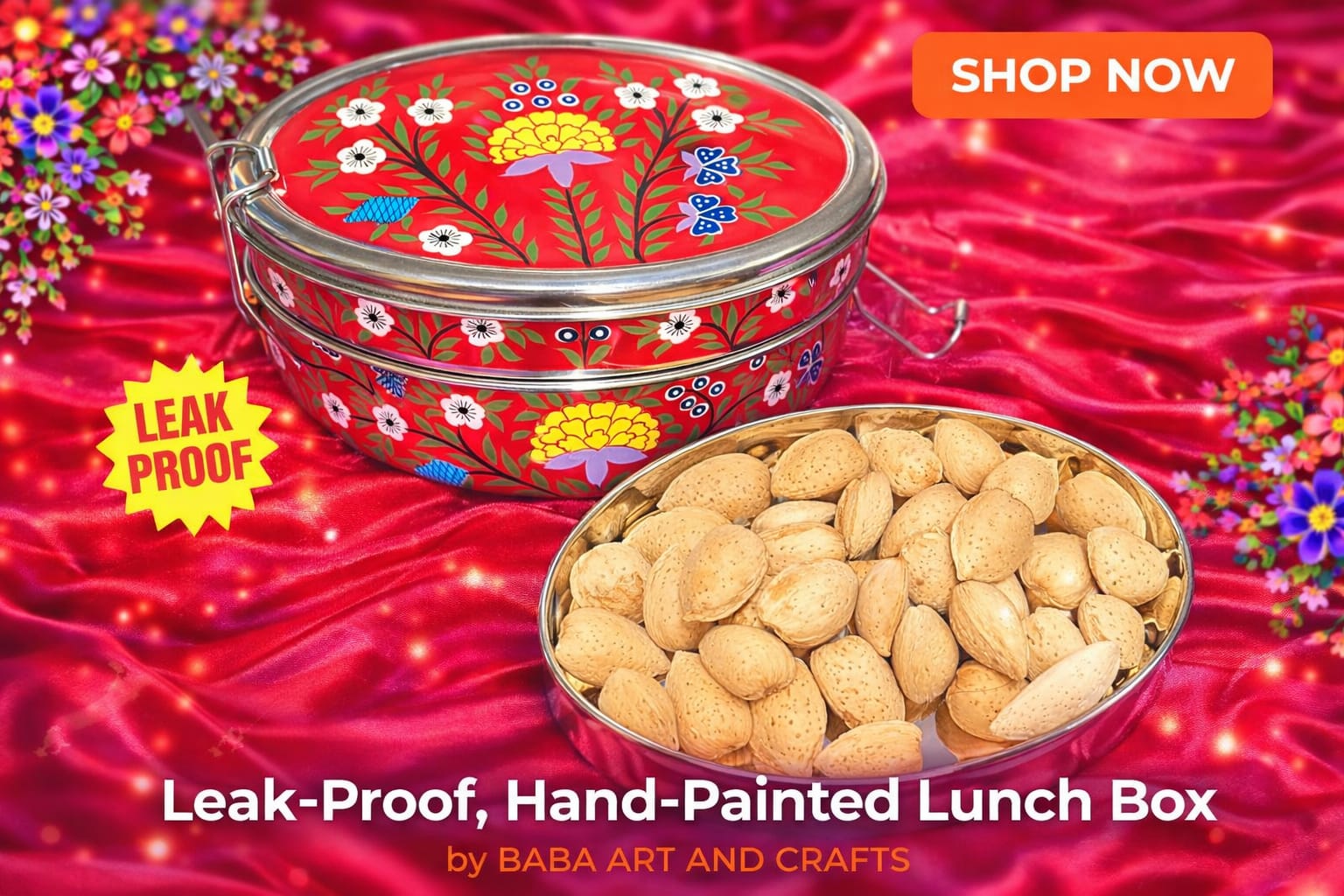 Steel Bento Box , Hand painted bento box , Enamel Lunch box, Hand painted Tiffin